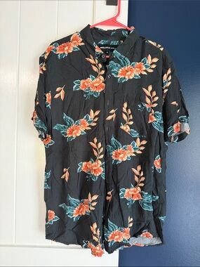 Lokai Black Short-Sleeve Button-Down Shirt with Orange Floral and Teal Leaves